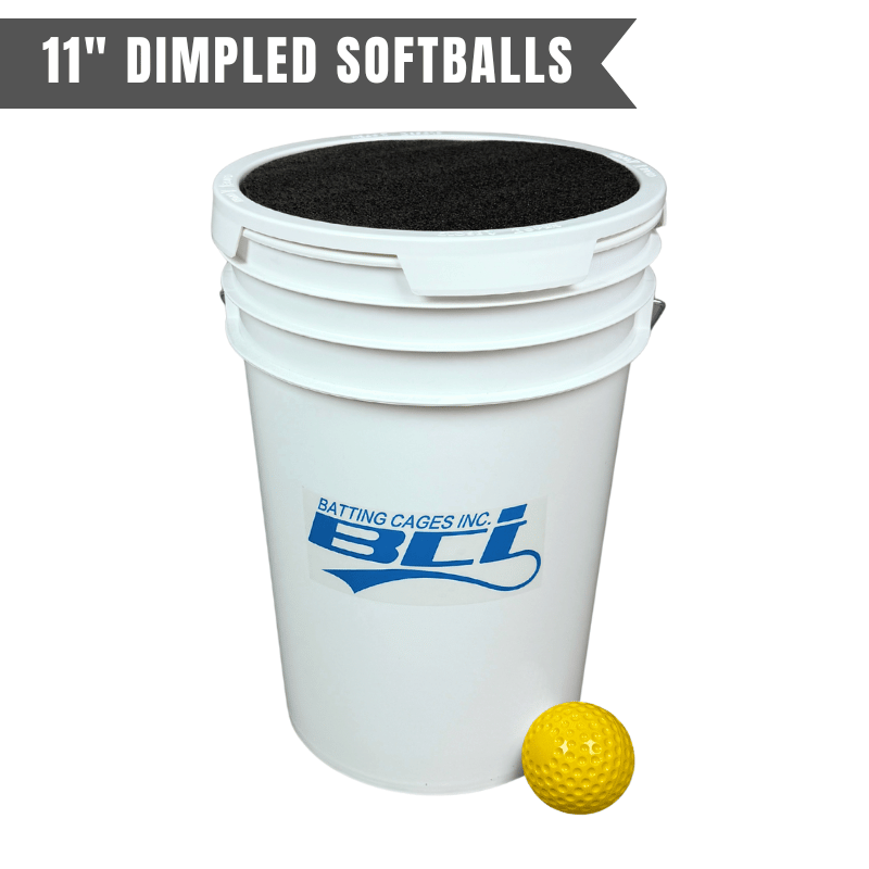 Hey Bata Pitching Machine Accessories Dimpled 11in Softballs Bucket of 24 Pitching Machine Softballs – 6 Gallon with Foam Seat Lid