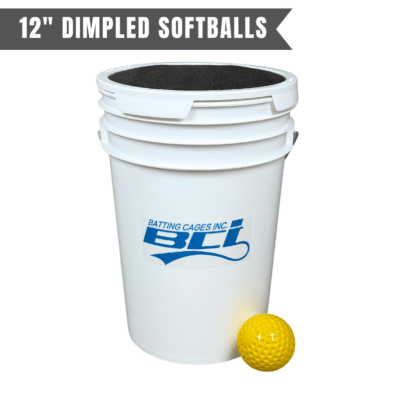 Hey Bata Pitching Machine Accessories Dimpled 12in Softballs Bucket of 24 Pitching Machine Softballs – 6 Gallon with Foam Seat Lid