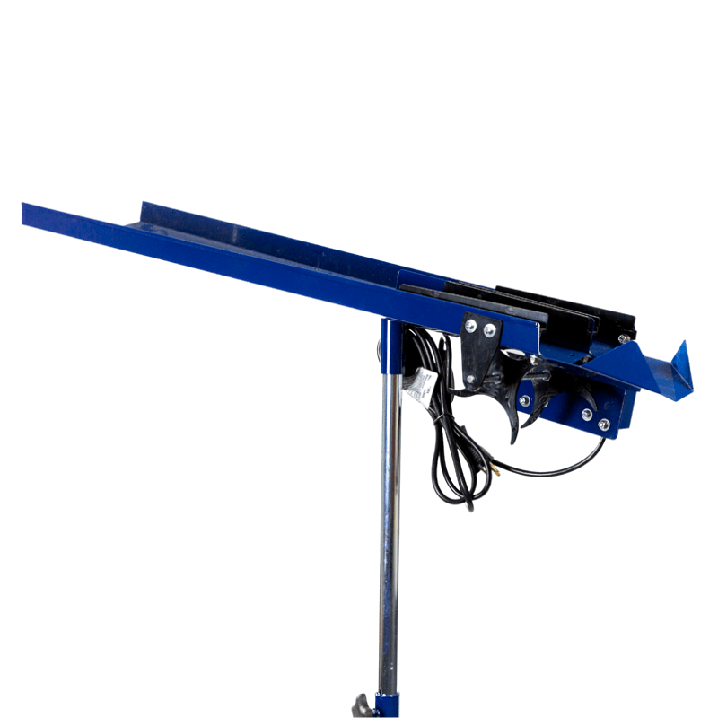 The Hey Bata Minor League Pitching Machine Training Package features a blue metal machine with a sloped chute and attached wiring, mounted on a vertical chrome stand—perfect for youth baseball or Little League practice. Shown isolated on white background.